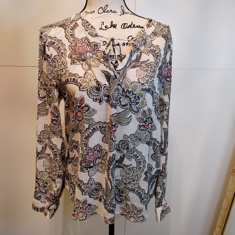 Banana Republic Factory Floral Paisley Tie Neck Blouse Boho Career Top M - Picture 2 of 11